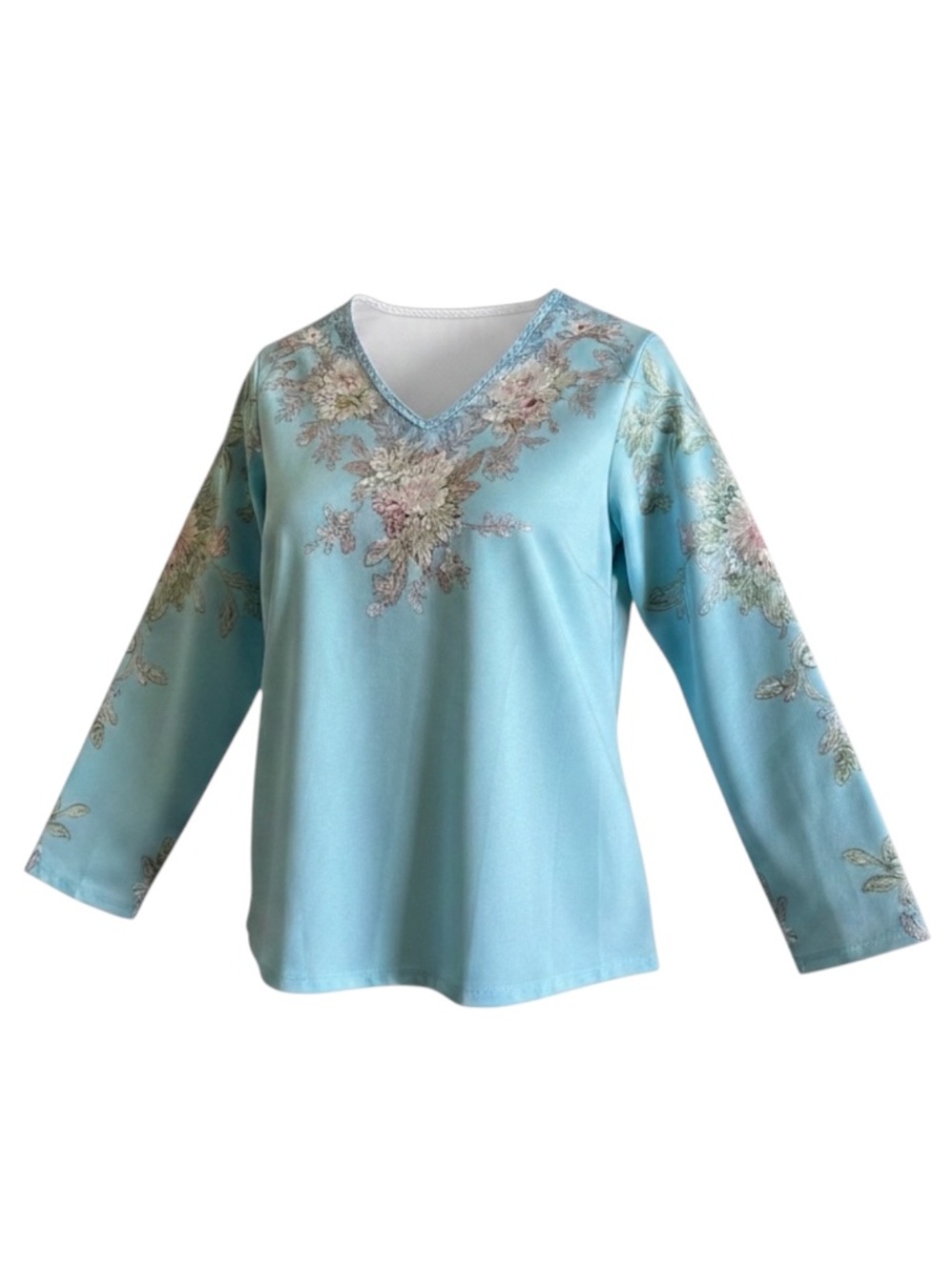 Wrenoin Blue Floral V-Neck Long Sleeve Blouse Top Sz S NWT